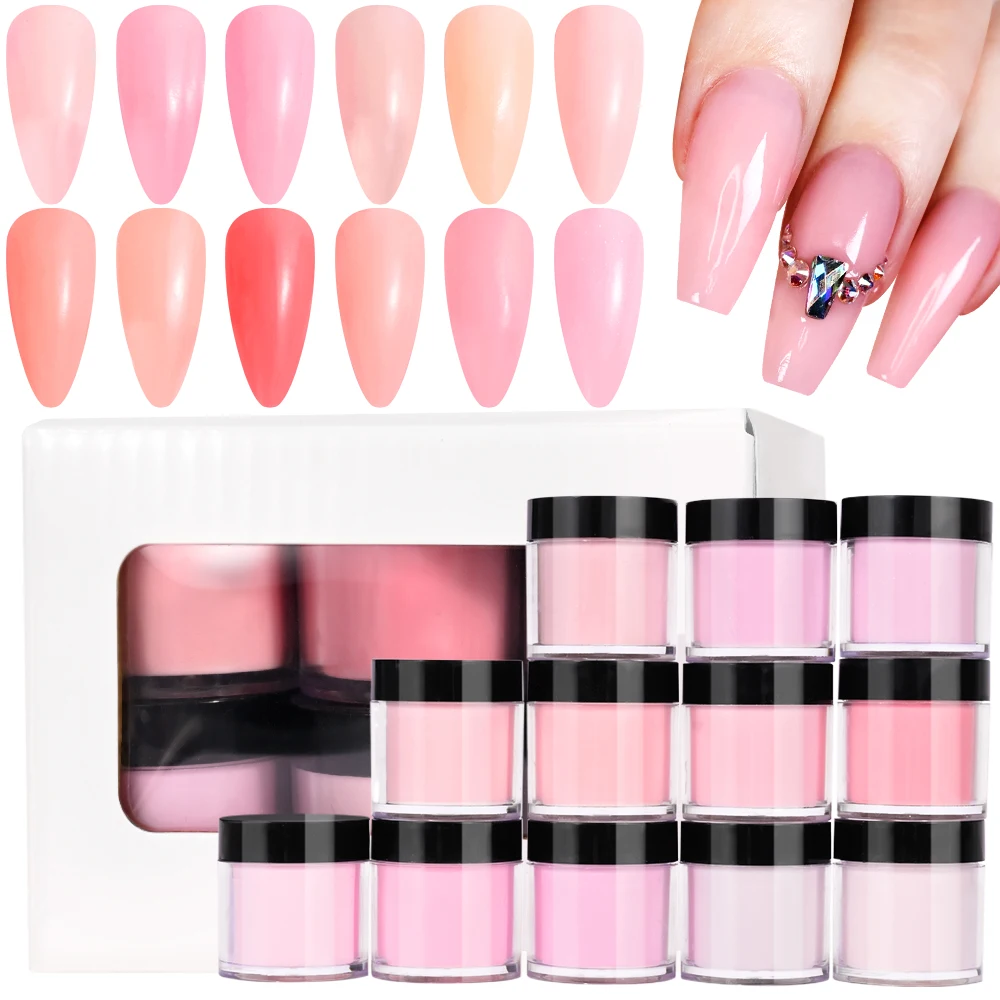 12Color Professional Acrylic Nail Powder Nude Pink Series 3IN1 Crystal Dust for Nail Art Extension Carved Polymer Acrylic Powder