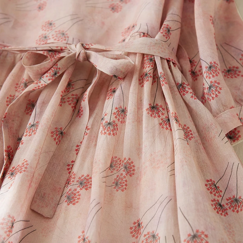 핑크 플로럴 코튼 린넨 롱 스커트 여성용 휴가 요정 스타일 라운드 넥 루즈핏 허리 여유 통근 스타일 여름 원피스