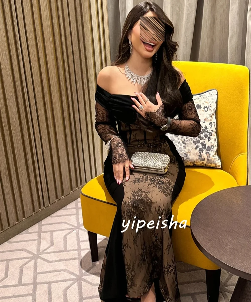 

Customized Sexy Fashion Pleat Ruched Lace Mermaid Off-the-shoulder Floor-Length Evening Dresses For Wedding Party