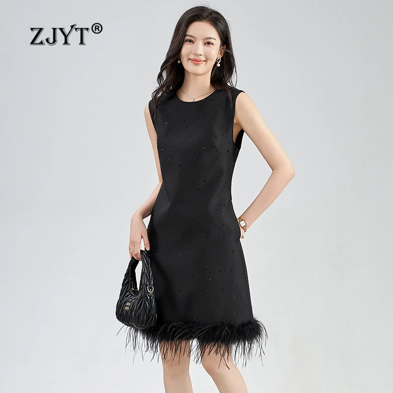 

ZJYT New Autumn 2024 Women's Sleeveless Black Tank Dress Elegant Diamonds Feather Patchwork Short Casual Party Dresses Female