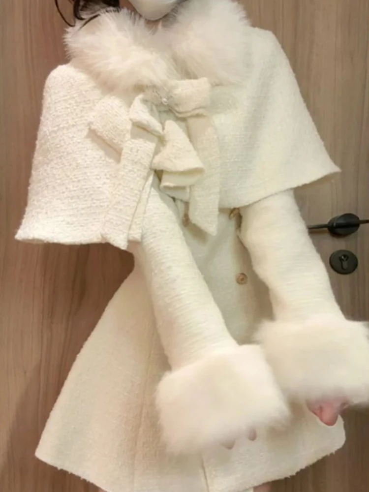 

Elegant Fur Patchwork Bow Woolen Coat Women+ Y2k Slim Waist Long Sleeve Dresses 2025 Autumn Winter New Two Piece Sets