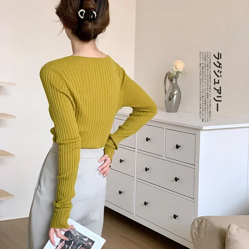 2023 Early Autumn Thin Wool Sweaters Women Knitted Wear Solid Color Long Sleeve Bottoming Shirt Commuting V-Neck Tops Fashion