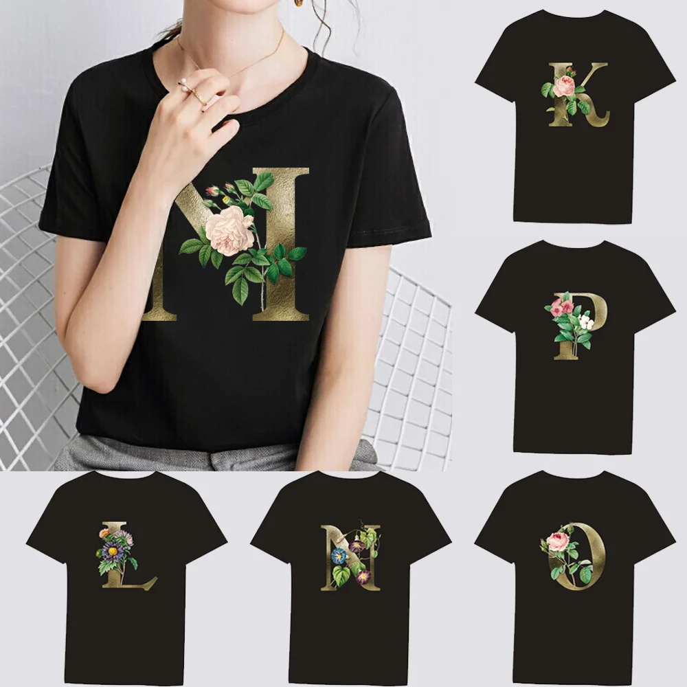 

Summer Women's T-shirt Golden Flower Women's Cool Cartoon Short Sleeve Tops High Quality Black T Shirt O-neck Tee Shirt Clothing