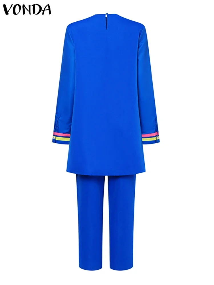 حجم كبير 5XL فوندا النساء بانت مجموعات 2025 الدعاوى المطبوعة خمر كم طويل بلوزات وبنطلون البوهيمي عادية فضفاض أنيق 2 قطعة #4