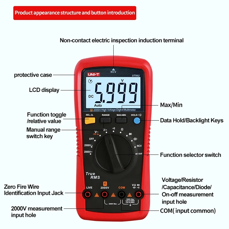 UNI-T UT892 Multimeter Digital 2000V Voltmeter AC DC High Voltage Detector VFC Hz Ohm Capacitance Resistance Electrician Tester