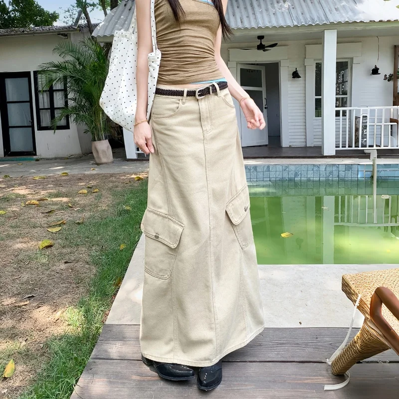 American Retro High Waist Split Denim Cargo Long Skirts Women Summer Casual Straight Bodycon Jeans Skirts Female