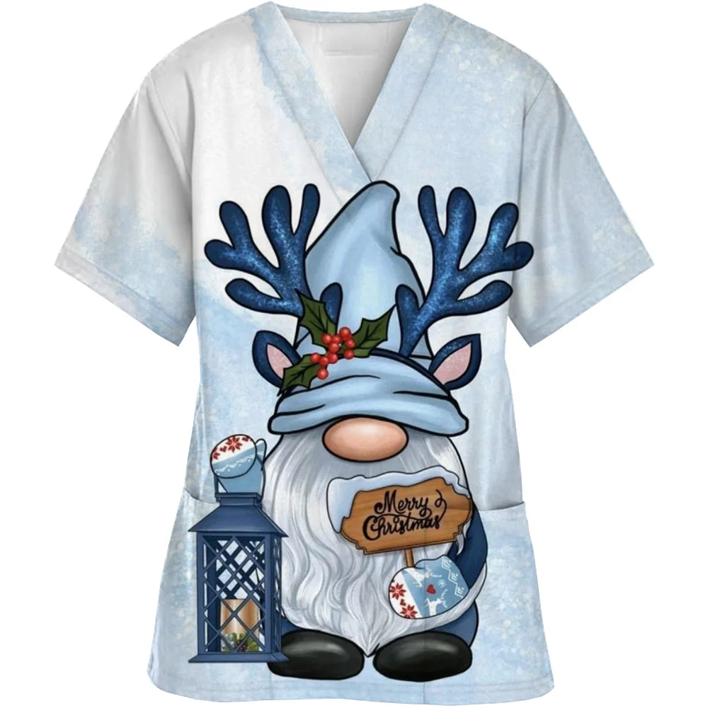 Women Nurse Blouse Christmas Big Deer Head Print Short Sleeve Pocket V Neck T-Shirt Scrub Uniform Workwear Carer Working Tops