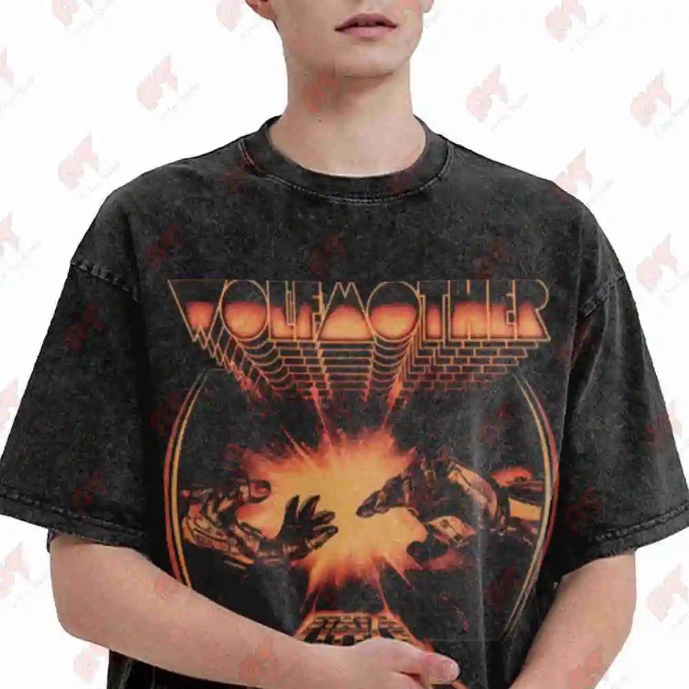 Wolfmother Band Wolf Pentagram Orange Lettering Vintage Washed Tee Pure Cotton T-Shirt