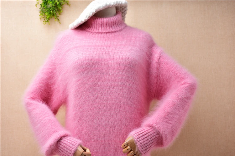 Ladies Women Autumn Winter Pink Hairy Mink Cashmere Knitted Turtleneck Long Sleeves Split Slim Blouses Pullover Sweater Jumper