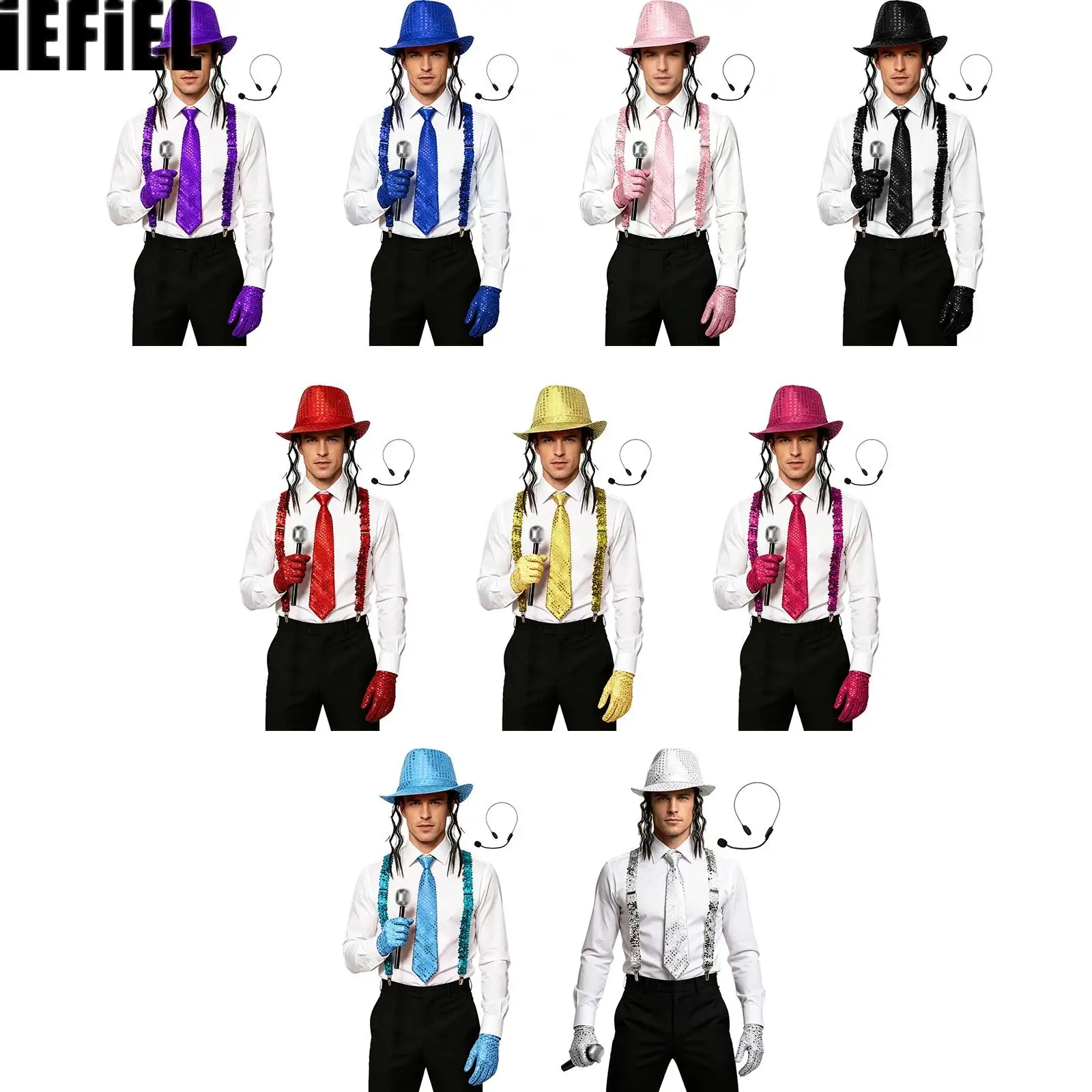 Disco Sequin Wig Hat Y-back Elastic Suspender Necktie Adjustable Bow Tie Gloves with Faux Microphone Headset Set