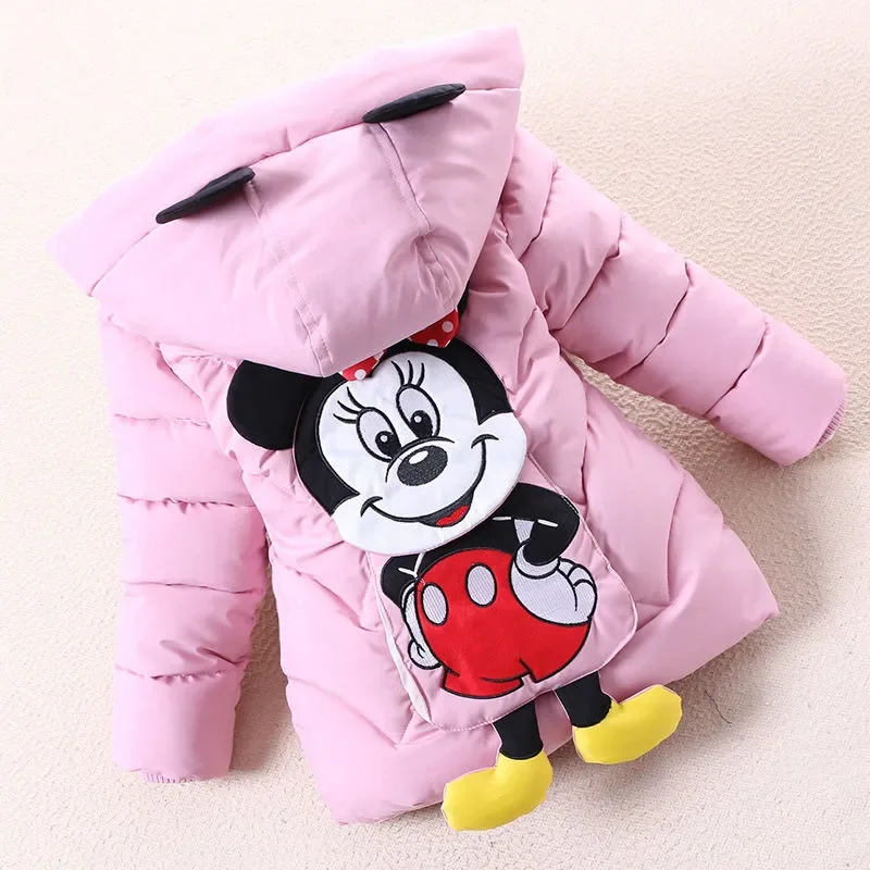 Mickey Mouse Minnie Winter Jackets Coat Baby Girl Hooded Warm Cotton-Padded Jacket Toddler Kid Clothes Thicken Cartoon Outerwear