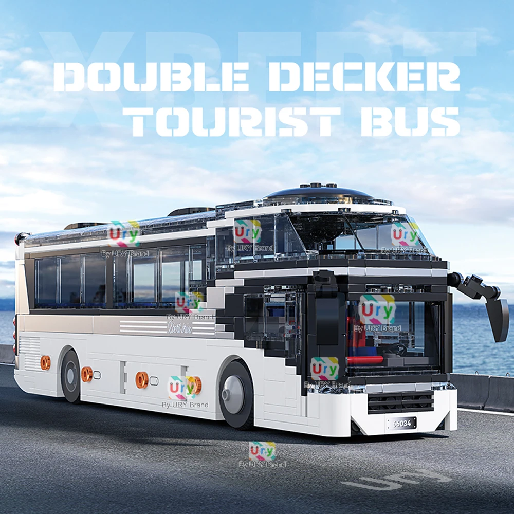 City Traffic รถสีเทา Passenger Double Decker Tourist Sightseeing Bus Public ชุด Building Blocks DIY ของเล่นสําหรับของขวัญเด็ก