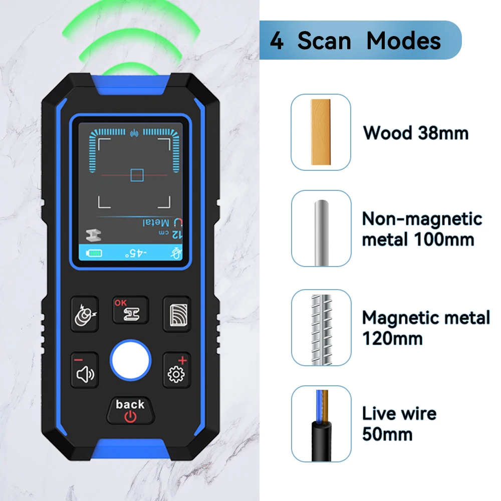 Imagem -03 - Backlit Detector de Metal Madeira Stud Finder Scanner de Parede Profundidade Rastreador Display Lcd hd Fios de Cabo Profundidade Rastreador Preto ac Noyafa-nf518