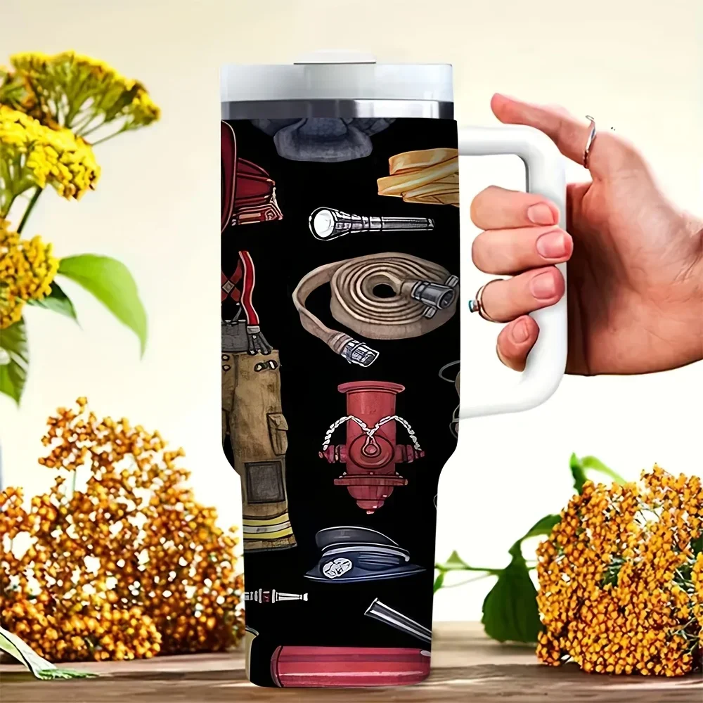 This 40oz Tumbler with Handle Comes with Firefighter Equipment Print, Perfect for Firefighters, Suitable for Daily Use and All Kinds of Outdoor Activities, It Works Well for Both Cold and Hot Drinks.