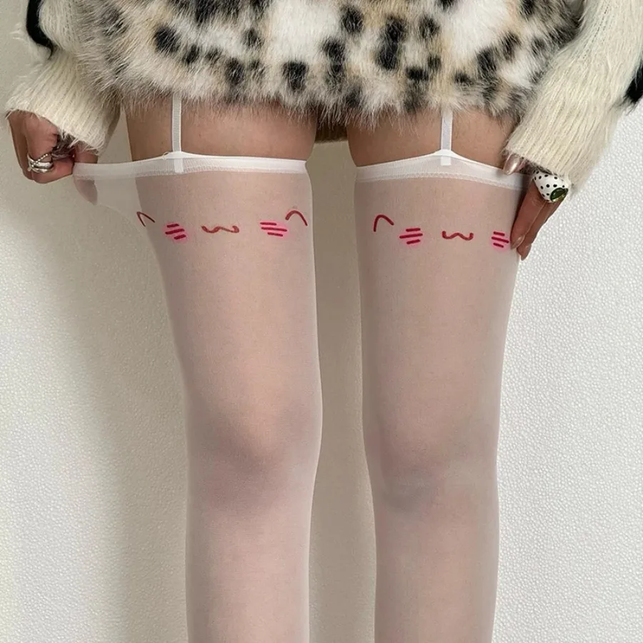 Y2K Smiling Printed Stocking Women Tights Thin Jk Uniform Over The Knee Socks Lolita Sexy Thigh-high Socks Suspender Pantyhose