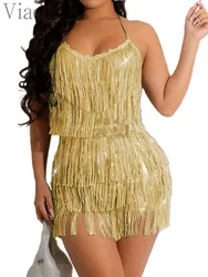 Sequined Tassels Halter Backless Romper