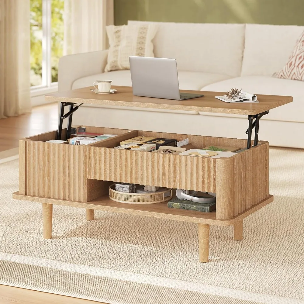 

Fully Assembled Fluted Coffee Table, Lift Top,Wooden Center Table, Modern Coffee Table with Hidden Compartment and Open Shelf,