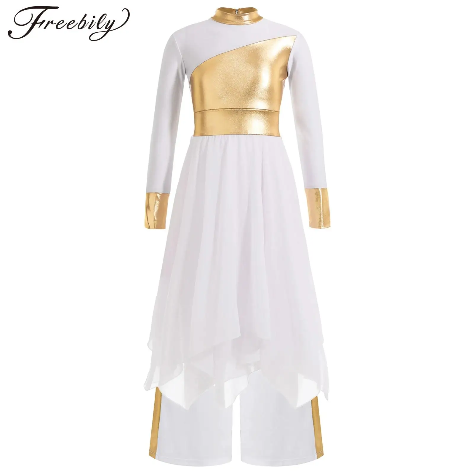 Kinderen Meisjes Liturgische Lof Lyrische Dans Kerkkoor Aanbiddingskostuum Set Jurk met lange mouwen Metallic met wijde pijpen