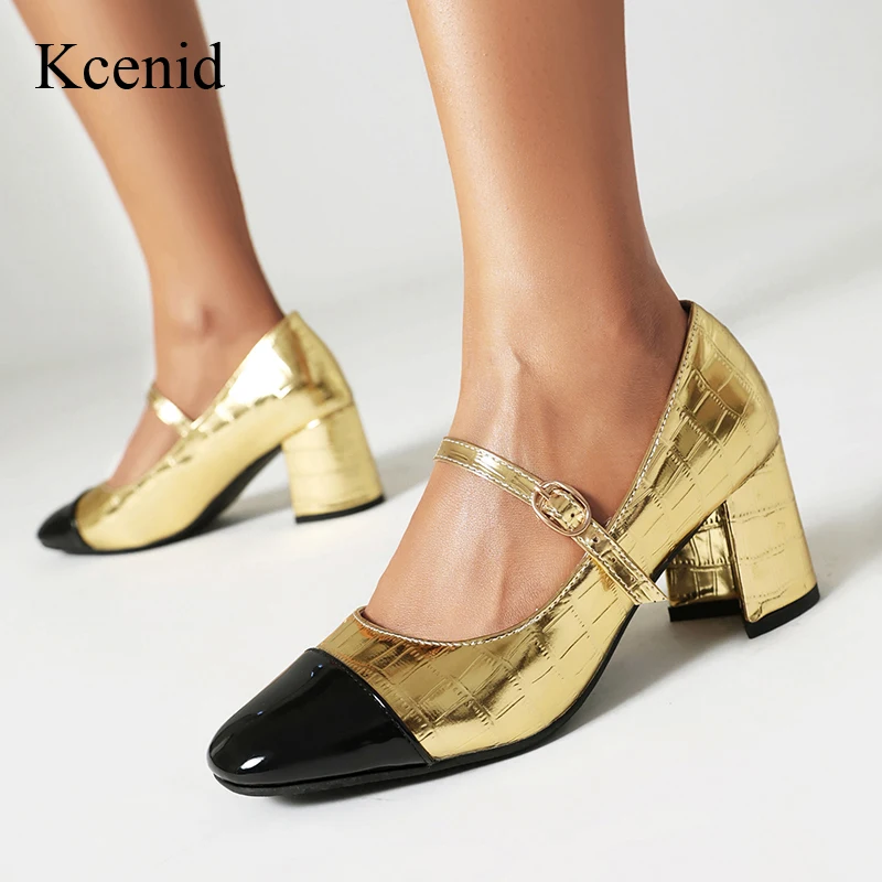 

Kcenid New Mixed Color Buckle Strap Mary Janes Pumps For Women Fashion Chunky Heels Wedding Dress Shoes Woman High Heels Pumps