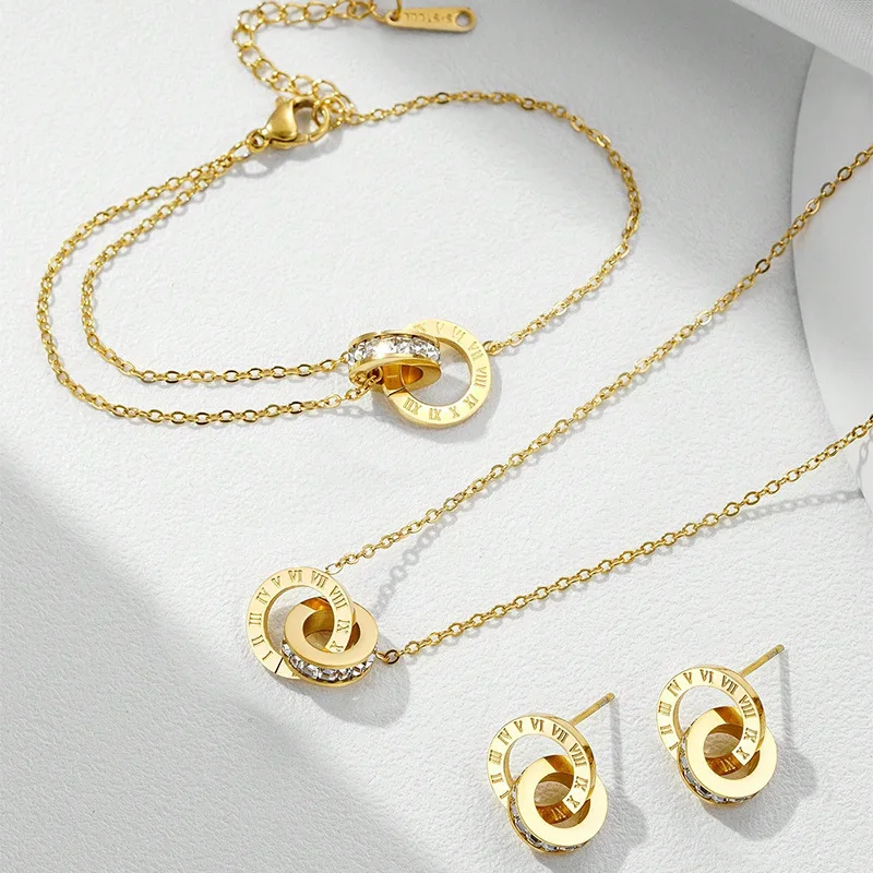 Classic Stainless Steel Circles Roman Numbers Necklace Bracelet Earrings For Women Simple Versatile Daily Jewelry