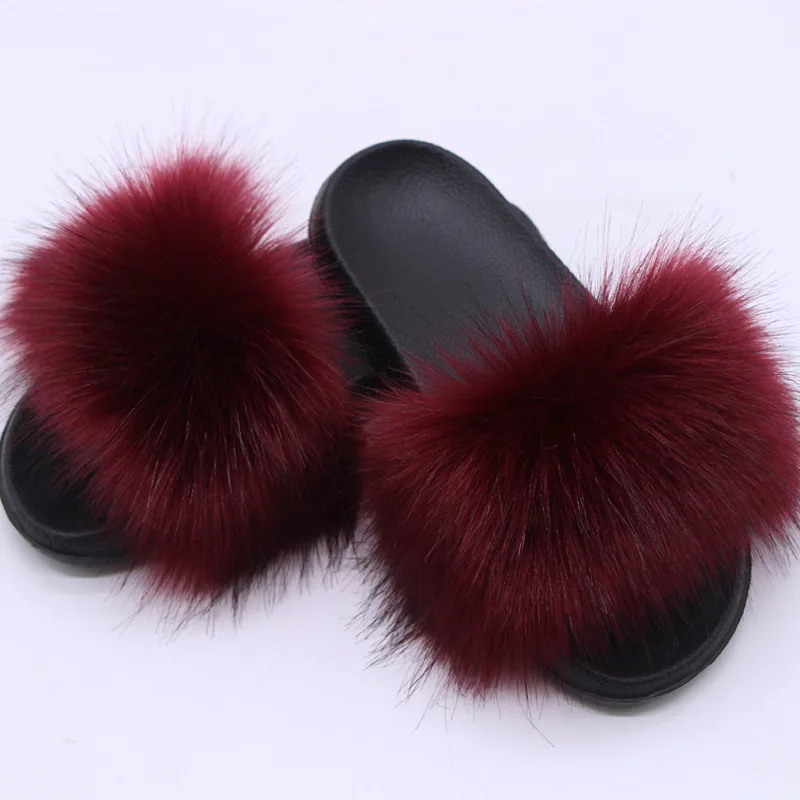 Damen Kunstfell-Slipper Flauschige Offene Pantoffeln für Drinnen und Draußen Lässige Flache Sandalen Luxuriöse Pelzige Slides für Damen – Detail 7