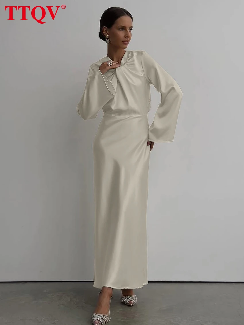 

TTQV Fashion Loose Beige Women's Dress 2026 Spring V-Neck Long Sleeve Ankle Length Dresses Elegant Classic Backless Female Dress