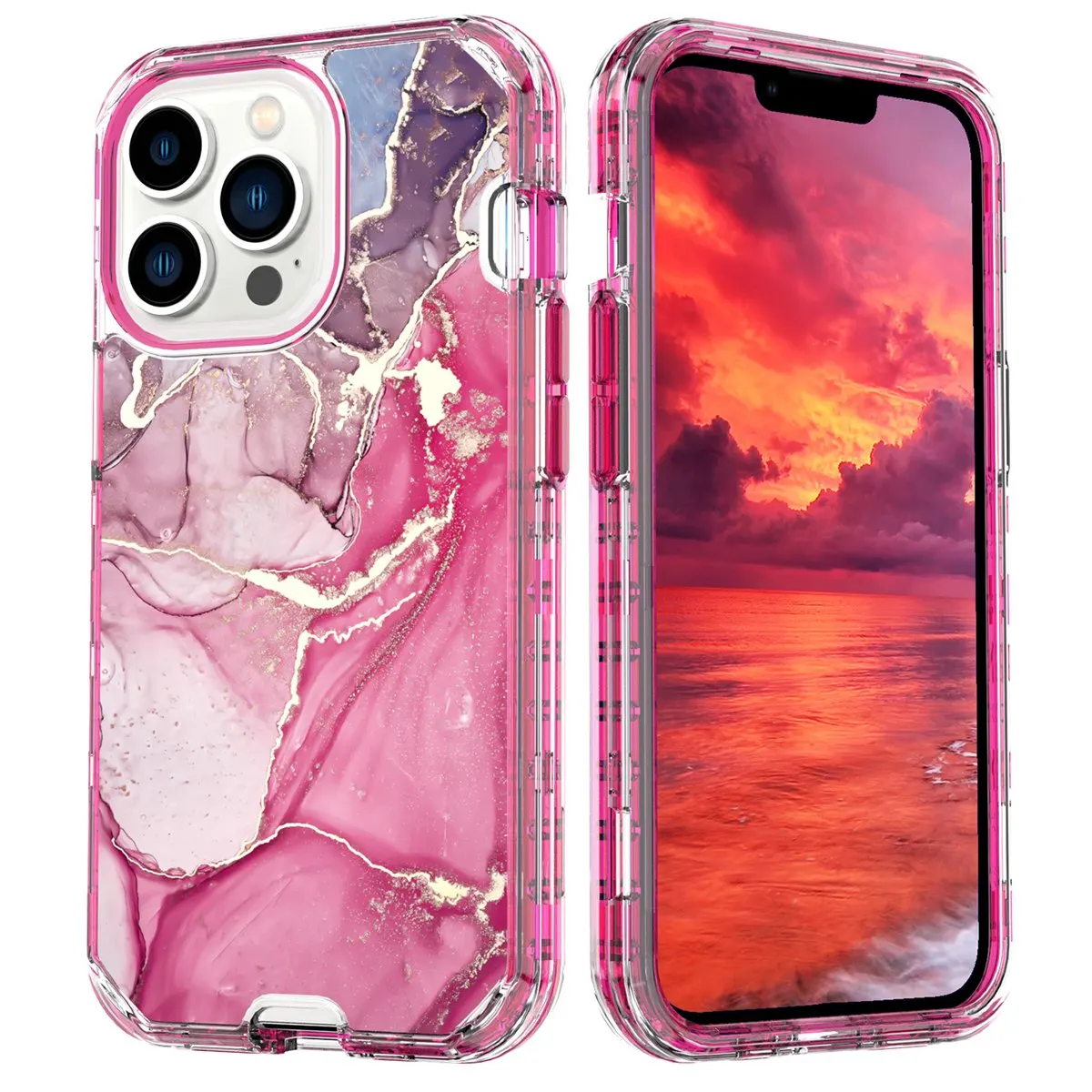 Fit iPhone 14 Pro 6.1 Case 3 in 1 Marble Pattern Slim Shockproof Full Body Protective Stylish Rugged Cover For iPhone 14 Pro MAX