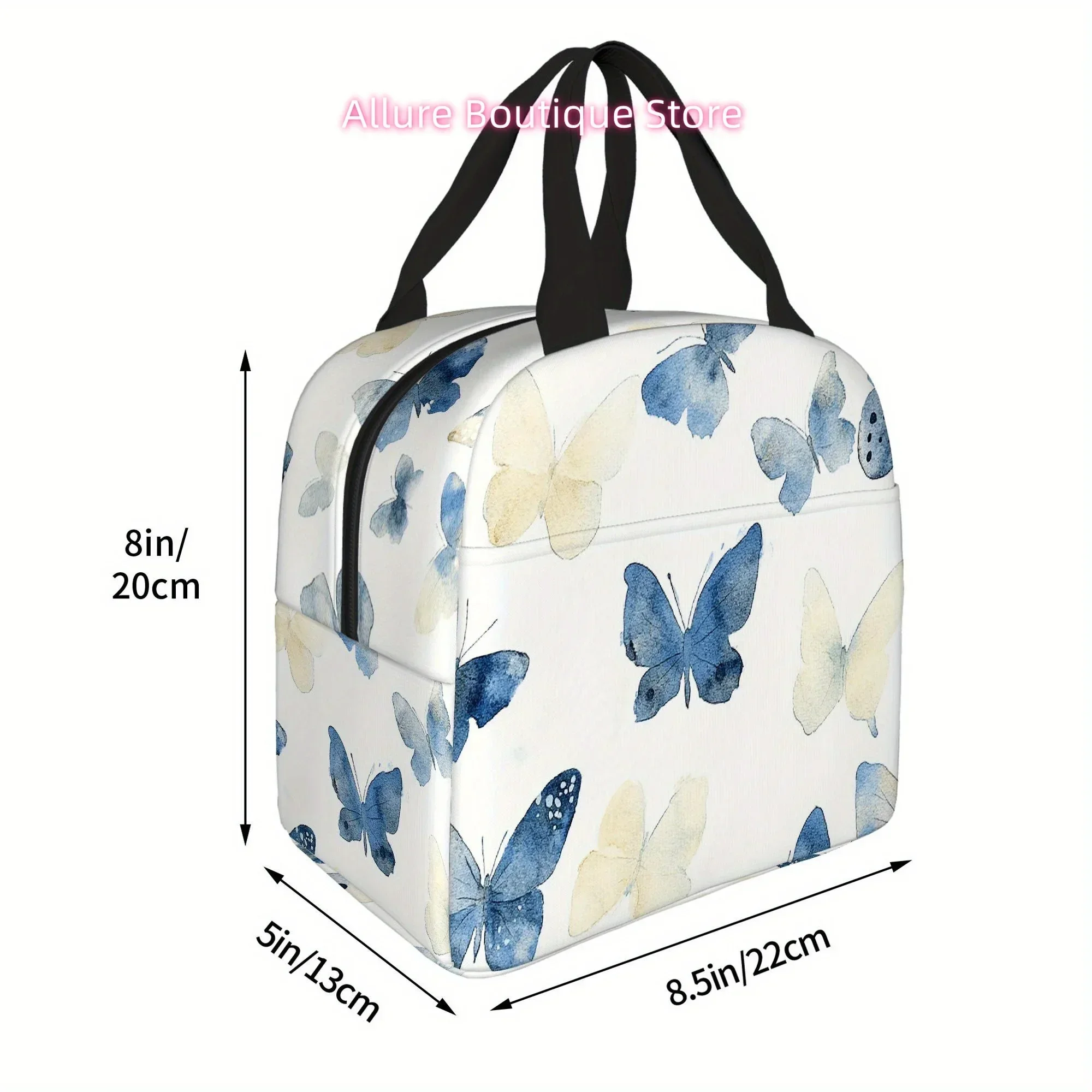1pc, Blue Butterflies on White Background Printed Thermal Bag Insulation and Refrigerated Portable Reusable Unisex for Home Rest