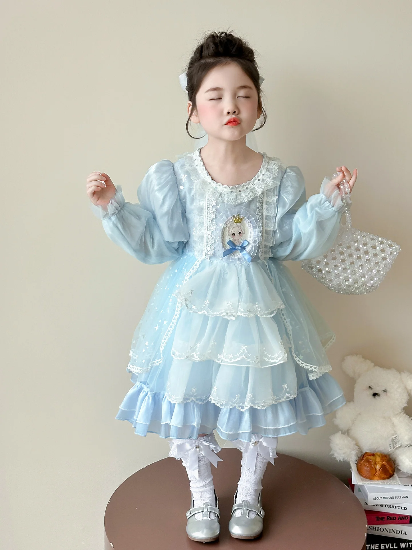 

Disney Elsa Princess Dress for Girls New Sweet Mesh Spliced Long Sleeve Puff Dresses 2025 Autumn Korean Style Birthday Dress