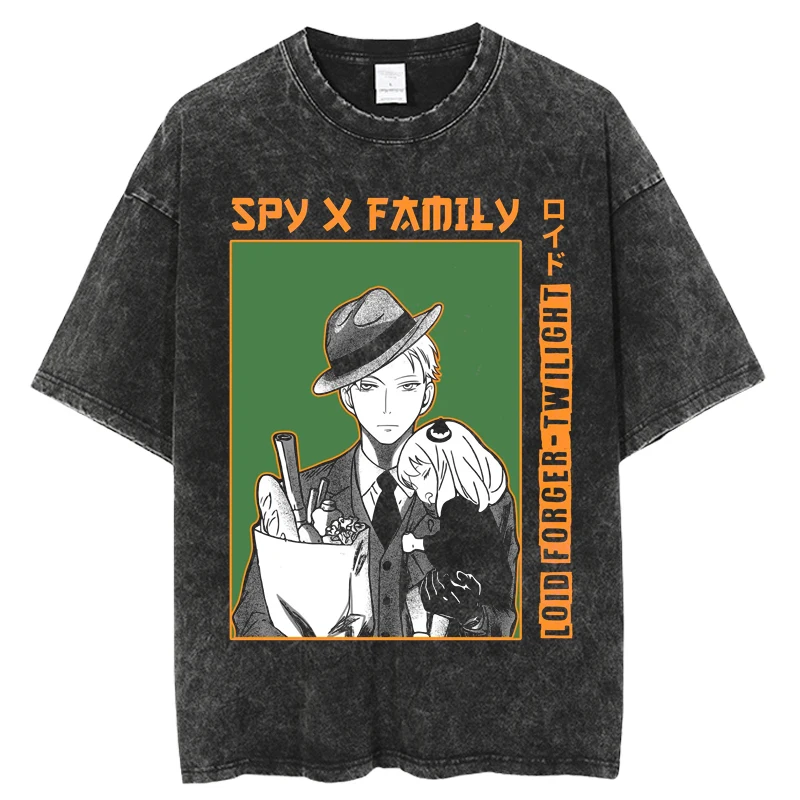 New Vintage Washed T-Shirt Harajuku Japanese Anime SPY x FAMILYT T Shirt Men Cotton Tshirt Short Sleeve Hip Hop Streetwear Shirt