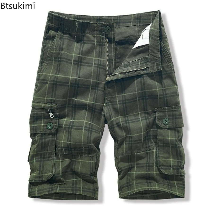 Summer Fashion Men's Plaid Beach Shorts Pure Cotton Casual Sports Cargo Pants for Men Simple Slim Fit Multi Pocket Pants Male