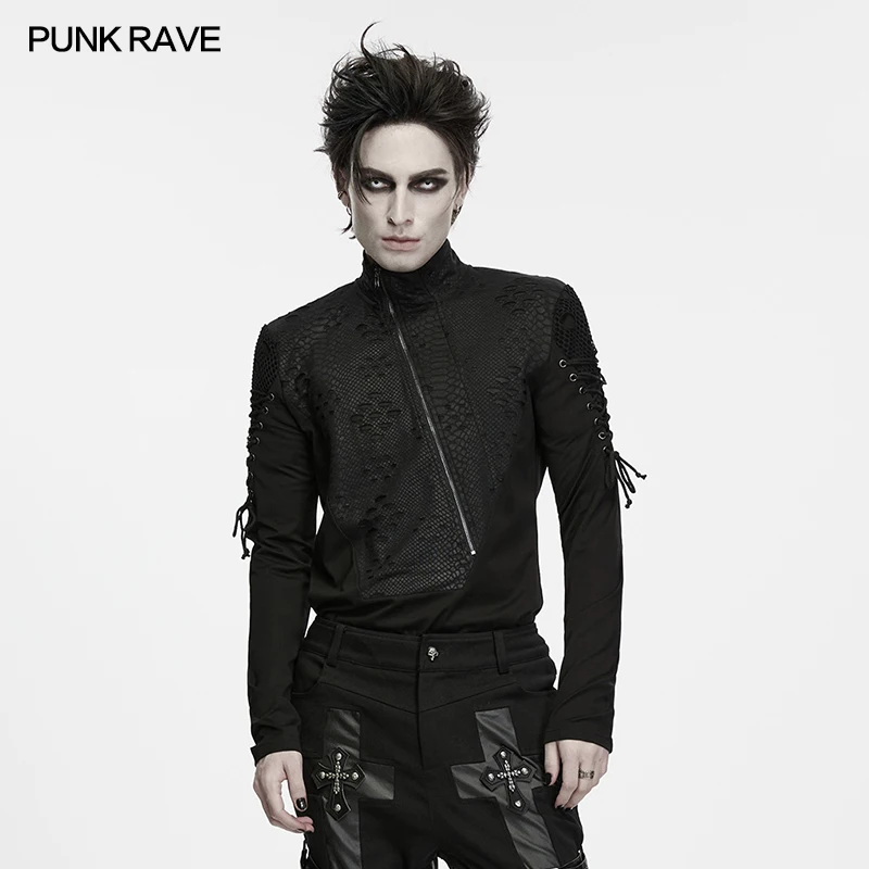 PUNK RAVE Men's Snake Skin Texture Hollow Lace-up Turtle Long-sleeve Design T-shirt Techwear Punk Handsome Personalized Tops