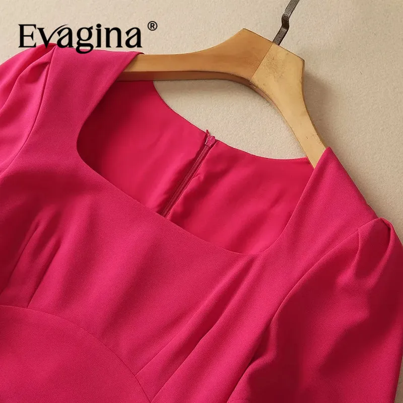 Evagina Fashion Designer Women's New Square Collar Short-Sleeved High-Waisted Pleated Slim-Fit Split Elegant Hip Wrap MIDI Dress