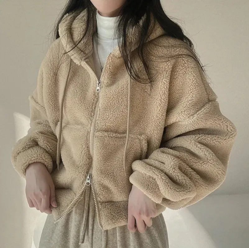 Sweat à capuche court en peluche pour femme, sweat zippé Harajuku, mode coréenne Y2k, survêtement de document solide, cardigan Streetwear