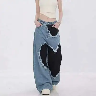 American Retro Y2K Style Washed Patchwork Baggy Women's Ripped Jeans Pants For Woman Clothing love splicing contrasting jeans