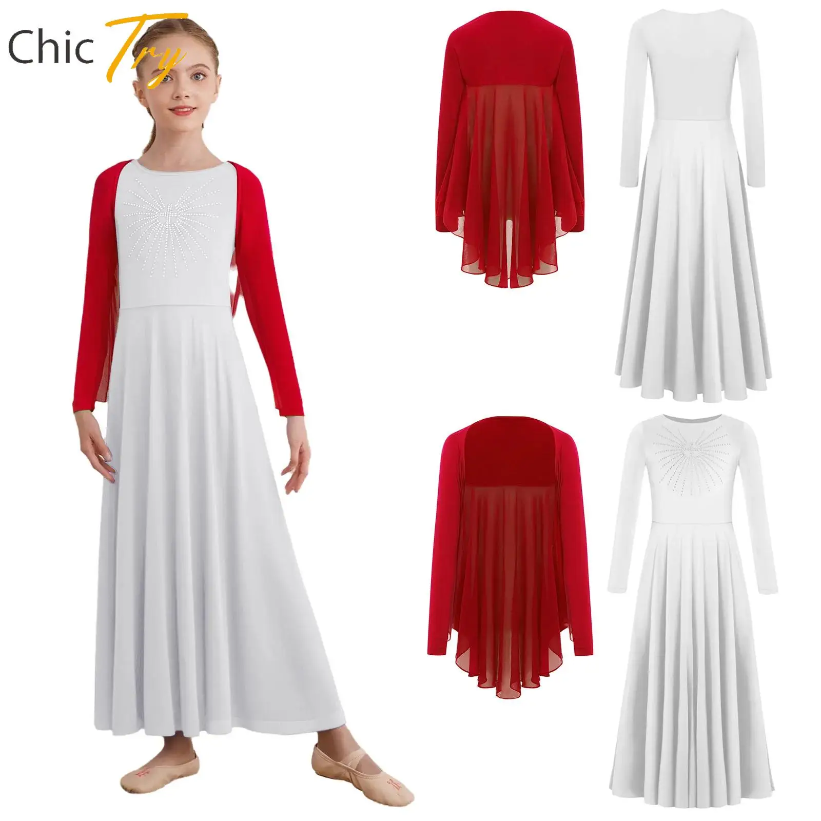 

Kid Girl Lyrical Liturgical Dance Outfit Praise Worship Dance Church Choir Performance Costume Angel Wing Shrug with Maxi Dress