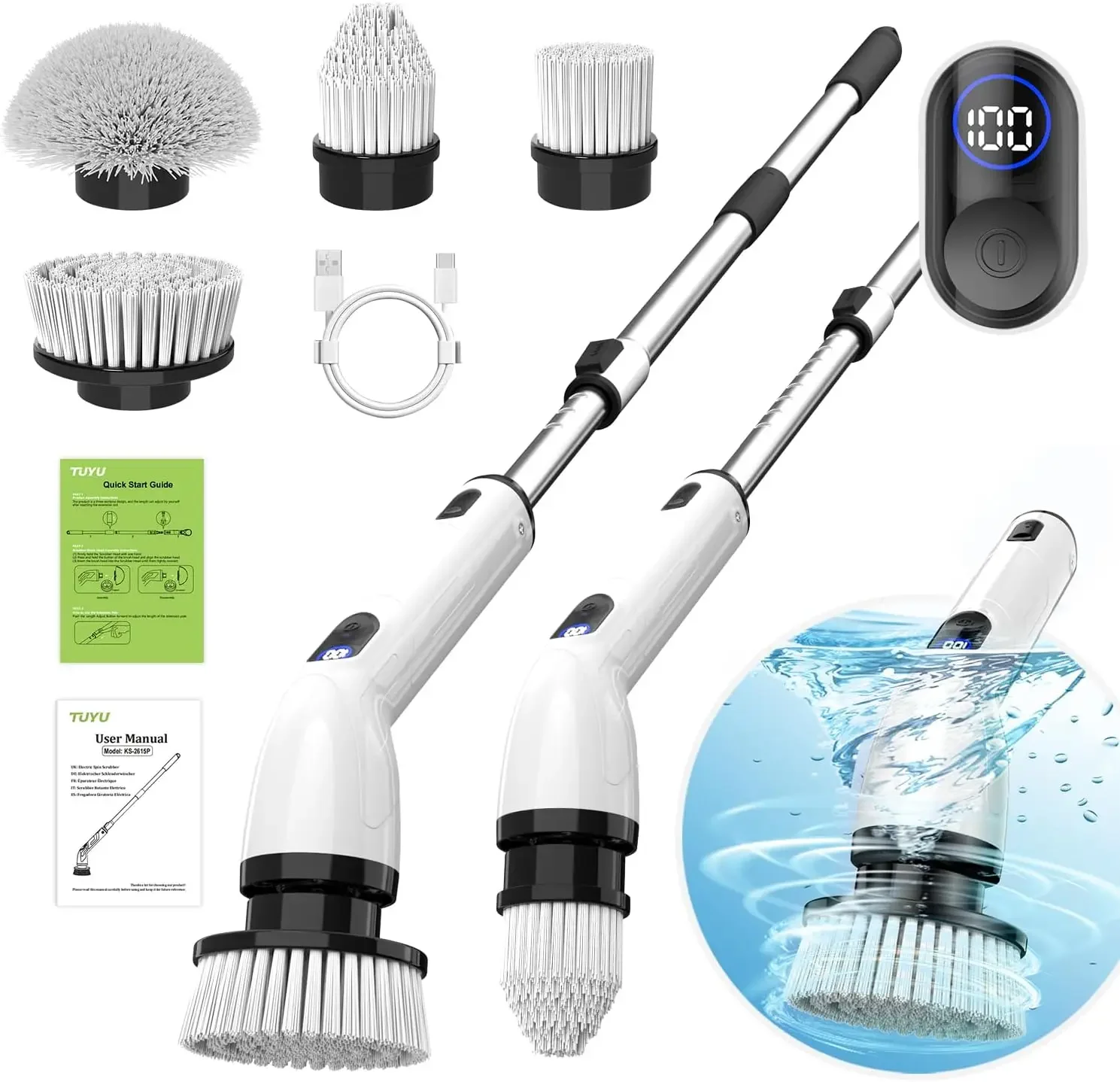 Electric Spin Scrubber, 2024 New Full-Body IPX7 Waterproof Bathroom Scrubber with Power LCD Display, Adjustable Extension Handle