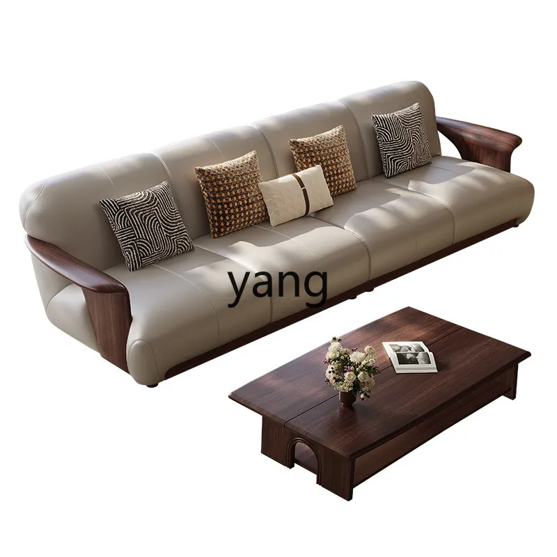 LTT solid wood sofa living room combination size straight row light luxury modern simple leather sofa