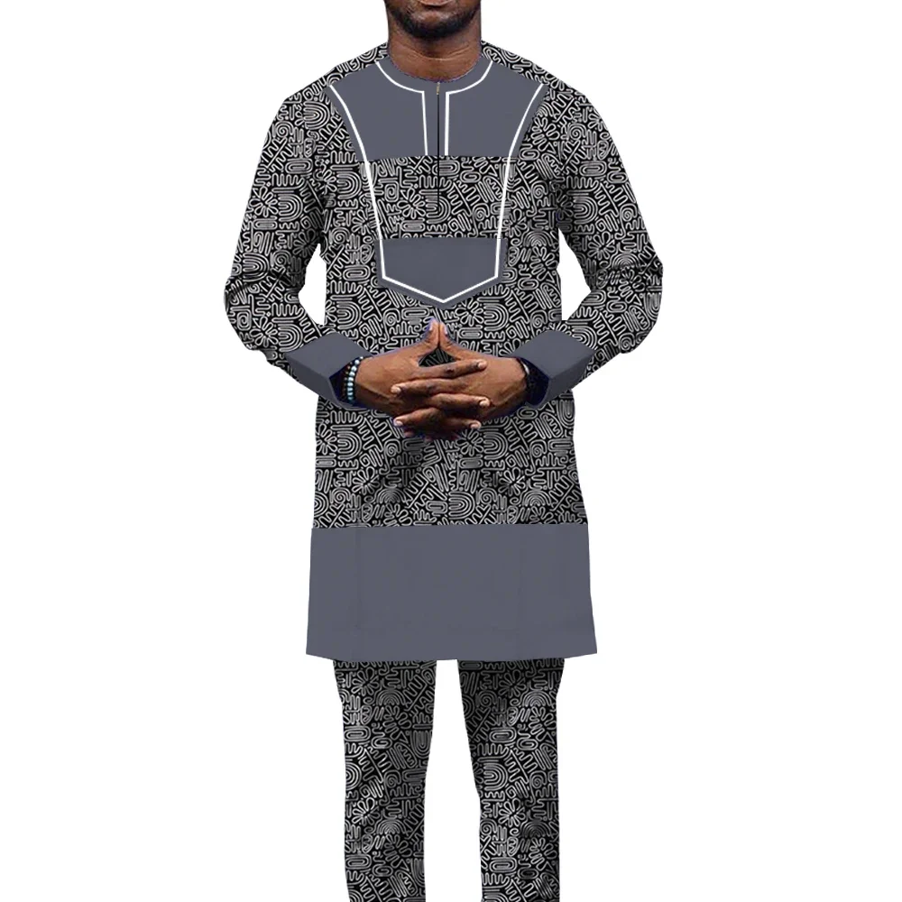 Hip Hop Robe African Men\'s Shirts and Pants Bazin Riche 2 Piece of Sets Africa Clothing Dashiki Outfits Floral Costume WYN1448