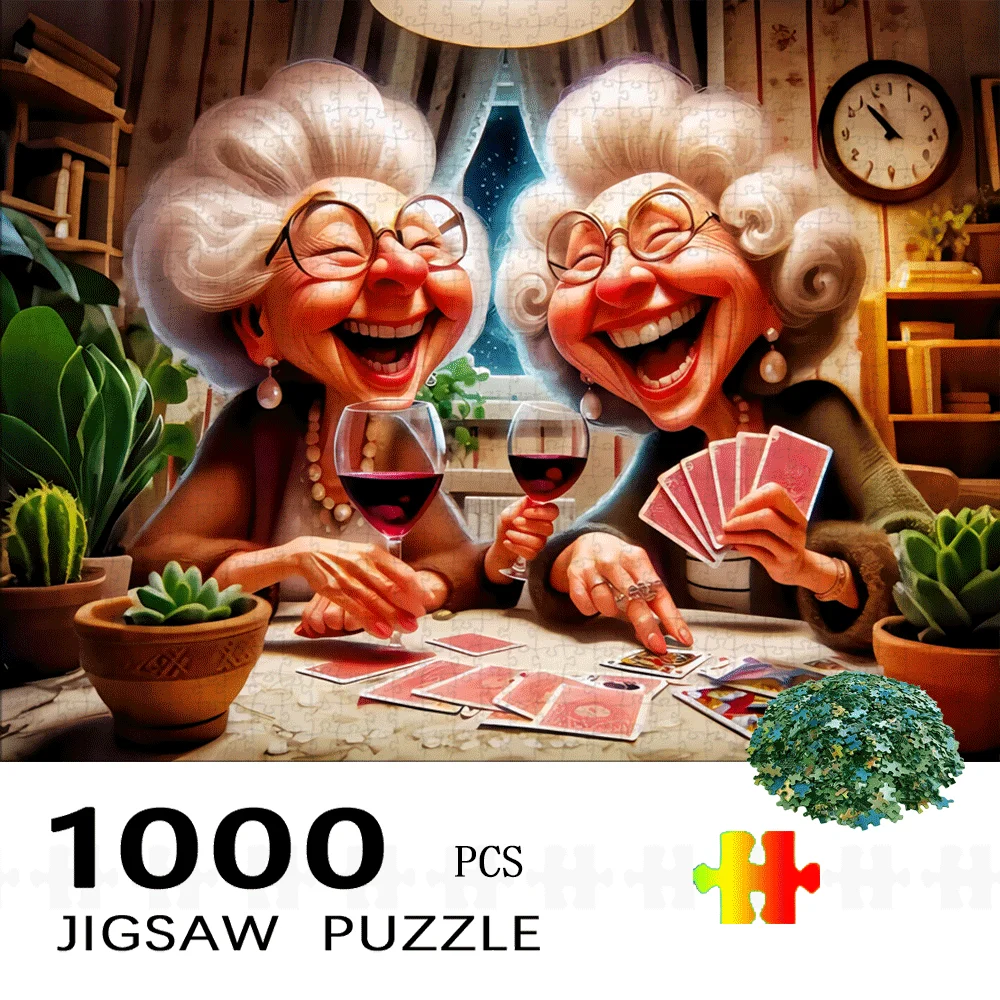 [만화 직소 퍼즐] 1000피스 대형 직소 퍼즐 - 만화 스타일 |   카드를 놀고 있는 노인 여성과 와인, 가족 상호작용 G