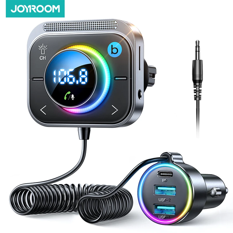 Joyroom Bluetooth 5.3 FM Transmitter AUX Adapter Samochodowy Audio FM Transmitter Wzmacniacz Basów 3 Porty PD&QC 3.0 Szybka Ładowarka FM Bluetooth