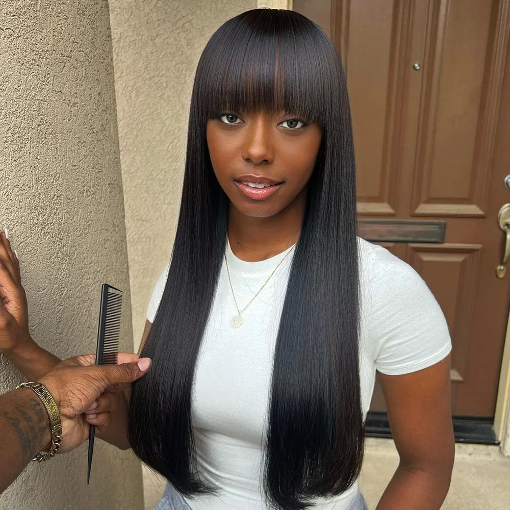 

30 Inch Long Bone Straight Human Hair Wig With Bangs Short Bob Human Hair Wigs For Black Women Glueless Brazilian Fringe Wig