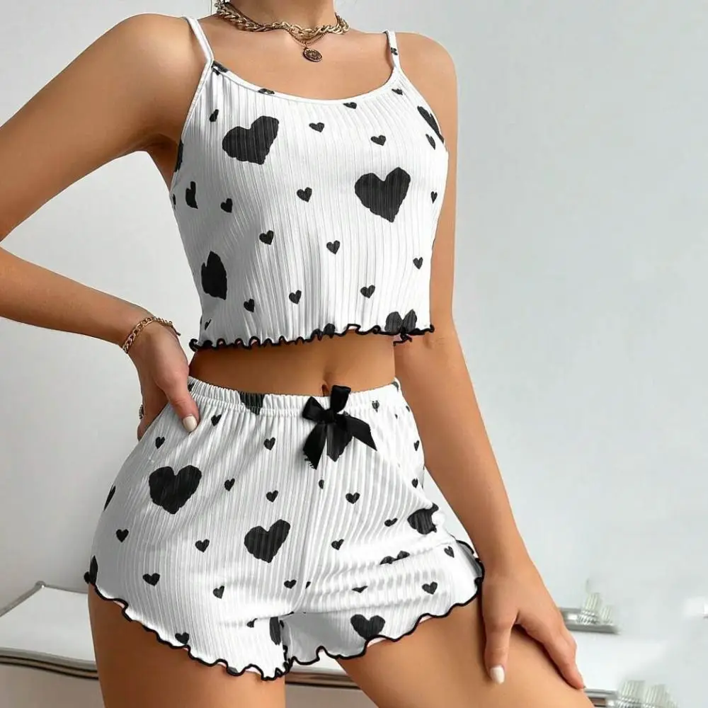 New Summer Thin Pajamas Homewear Set Polyester Leisure Suit Solid Color Sling Shorts Ladies