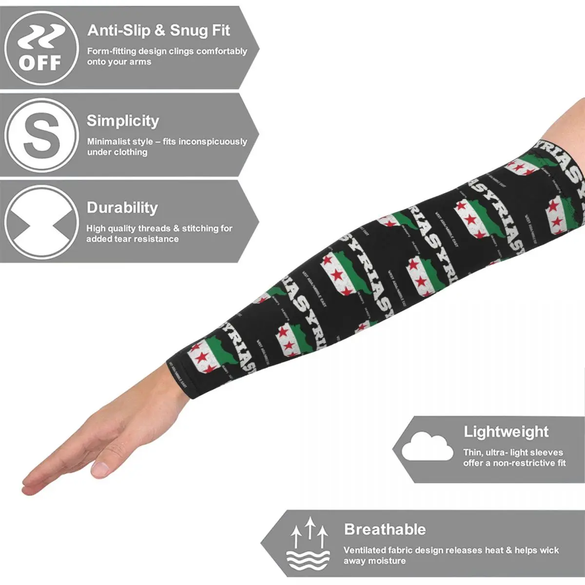 Mapa de la bandera siria, coordenadas de Siria, localización de Siria Mangas de brazo Hombres Mujeres Protección solar UV Tatuaje Cubrir Deportes Ciclismo