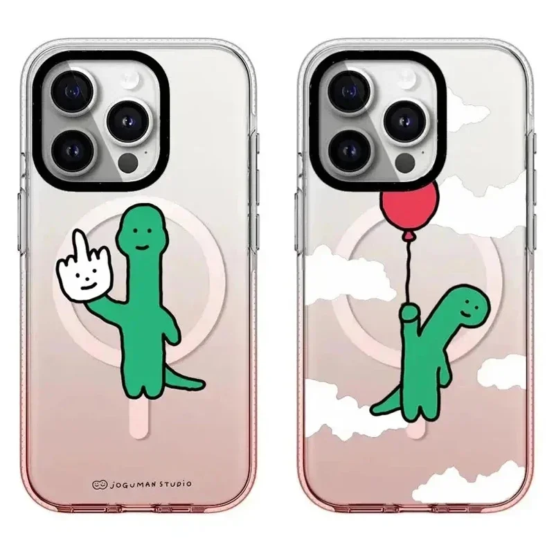 

Pink Gradient Transparent Border Cartoon Dinosaur iPhone 13 14 15 Pro Max Case - Protective iPhone Case with MagSafe