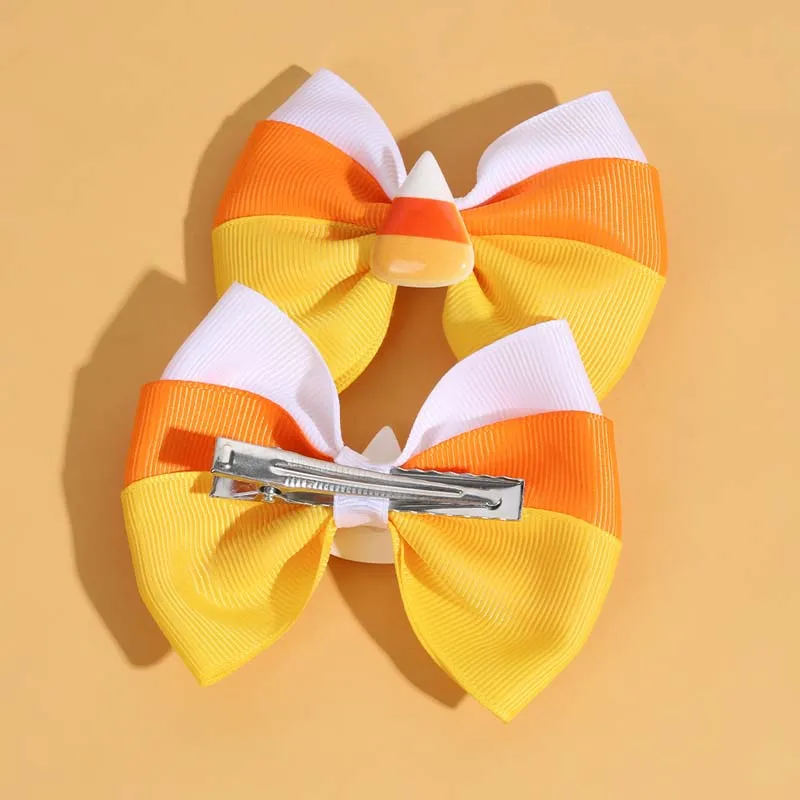 ncmama 2Pcs Corn Candy Hair Bow Clips Halloween Candy Hairpin for Kids Girls Cute Ribbon Bows Barrettes Fashion Hair Accessories