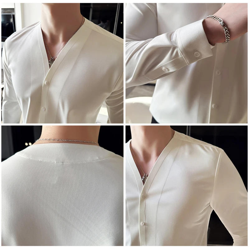 Men V-neck Long Sleeve Shirt New British Style Solid Casual Slim Fit Camisas Blusas Formal Dress Shirts Homme Men Clothing