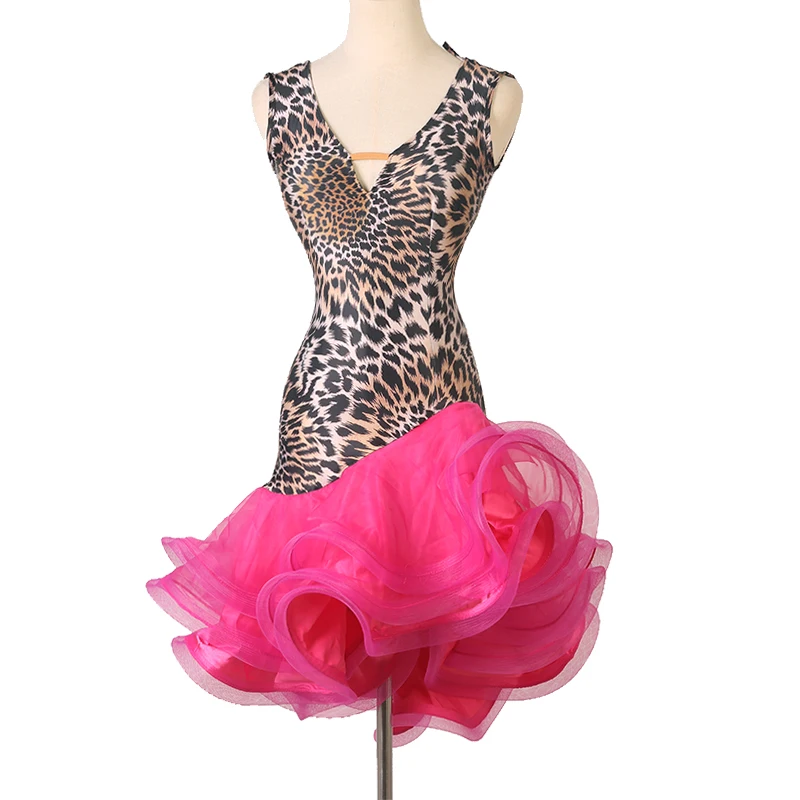 Robe de danse latine à col en v pour femmes, jupe à bretelles professionnelle, léopard, jupe de danse carrée en trois étapes, rumba samba cha-cha