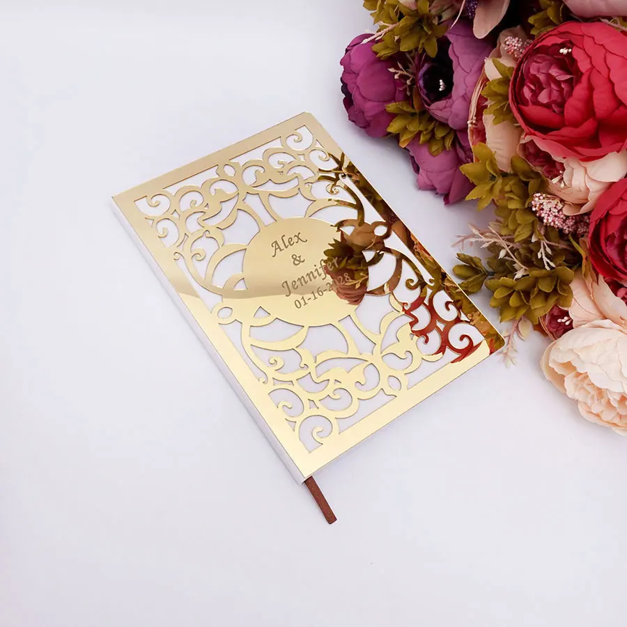 

26x19cm Personalized Vertical Style Engrave Bride & Groom Name Wedding Book Acrylic Mirror Cover Hollow Out Design Guestbook