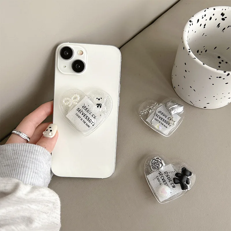 Korean Epoxy Glitter Love Heart Phone Grip Tok ins Pearl Bow Holder Ring For iPhone Universal Accessories Stand Holder Support